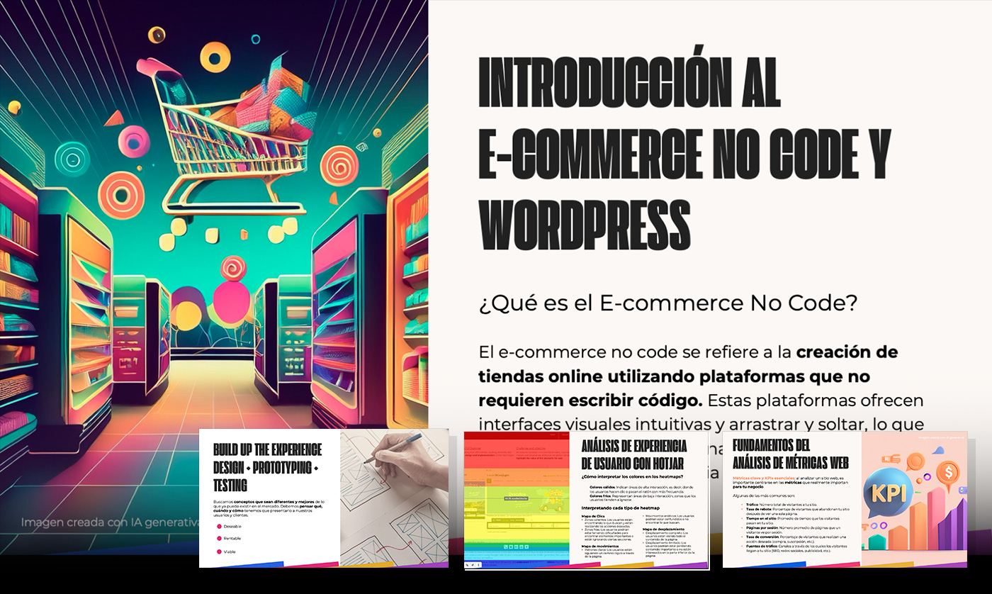 Collage of training slides for the EIBC No-Code program covering E-commerce with WordPress, UX/UI Design Prototyping, Hotjar Heatmaps, and Web Analytics KPIs.