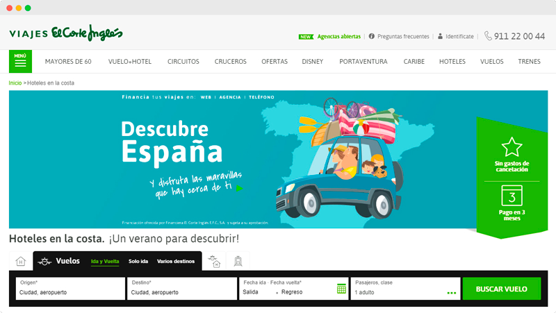 Visualización de la Home en campaña de Viajes El Corte Inglés