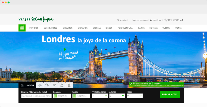 Visualización de la Home en campaña de Viajes El Corte Inglés